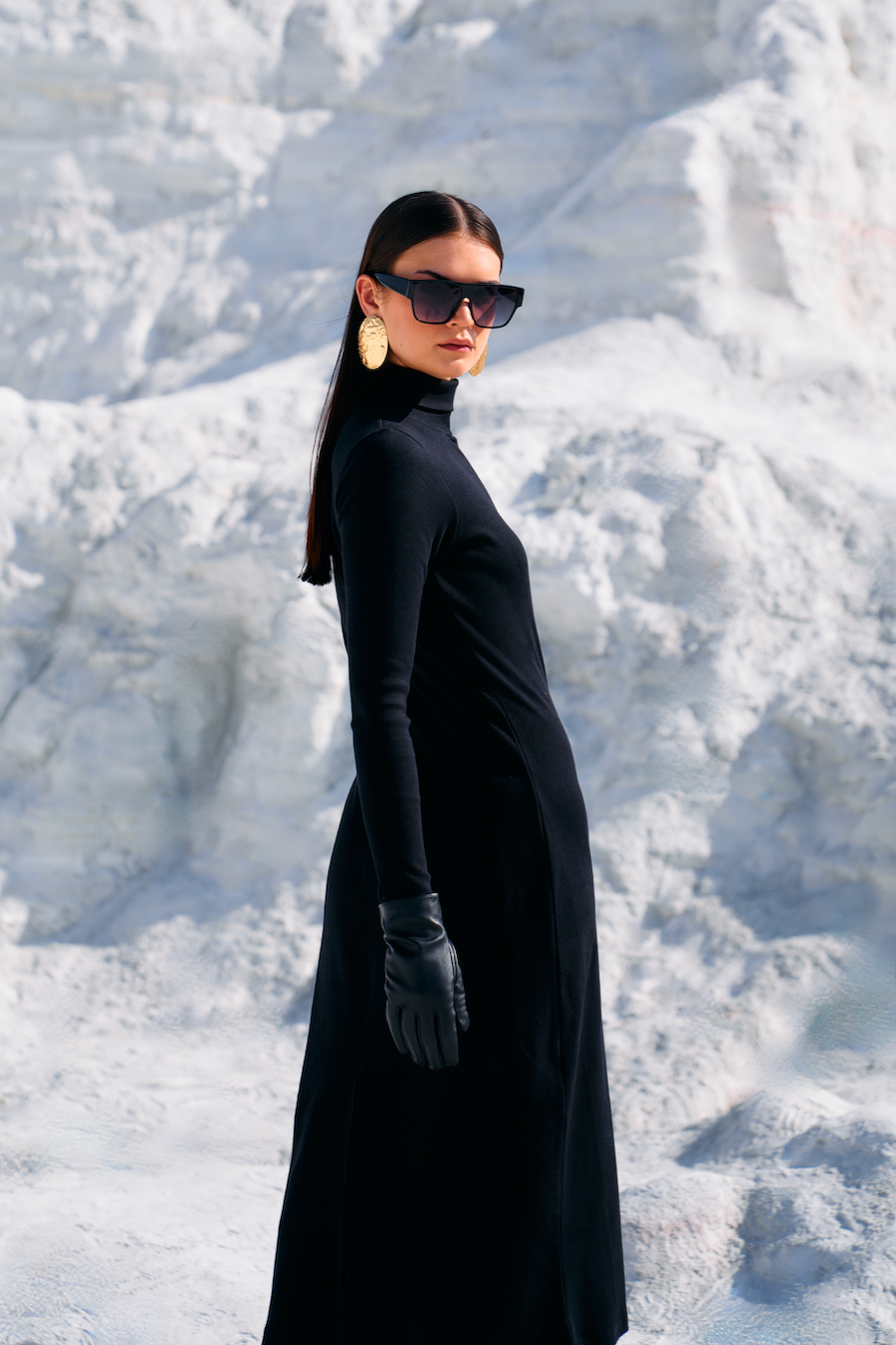 MATERIAL GIRL 02 BLACK KNITS FABRIC MIDI LENGTH WINTER DRESS WITH TURTLE NECK