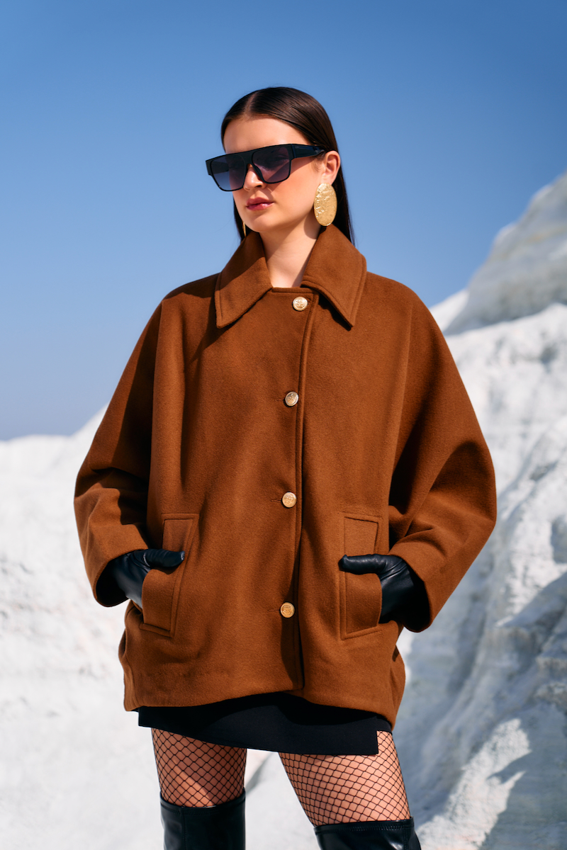 MATERIAL GIRL 02 CINNAMON BROWN COLOR LOOSE FIT FELT FABRIC WINTER JACKET