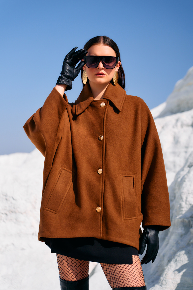 MATERIAL GIRL 02 CINNAMON BROWN COLOR LOOSE FIT FELT FABRIC WINTER JACKET