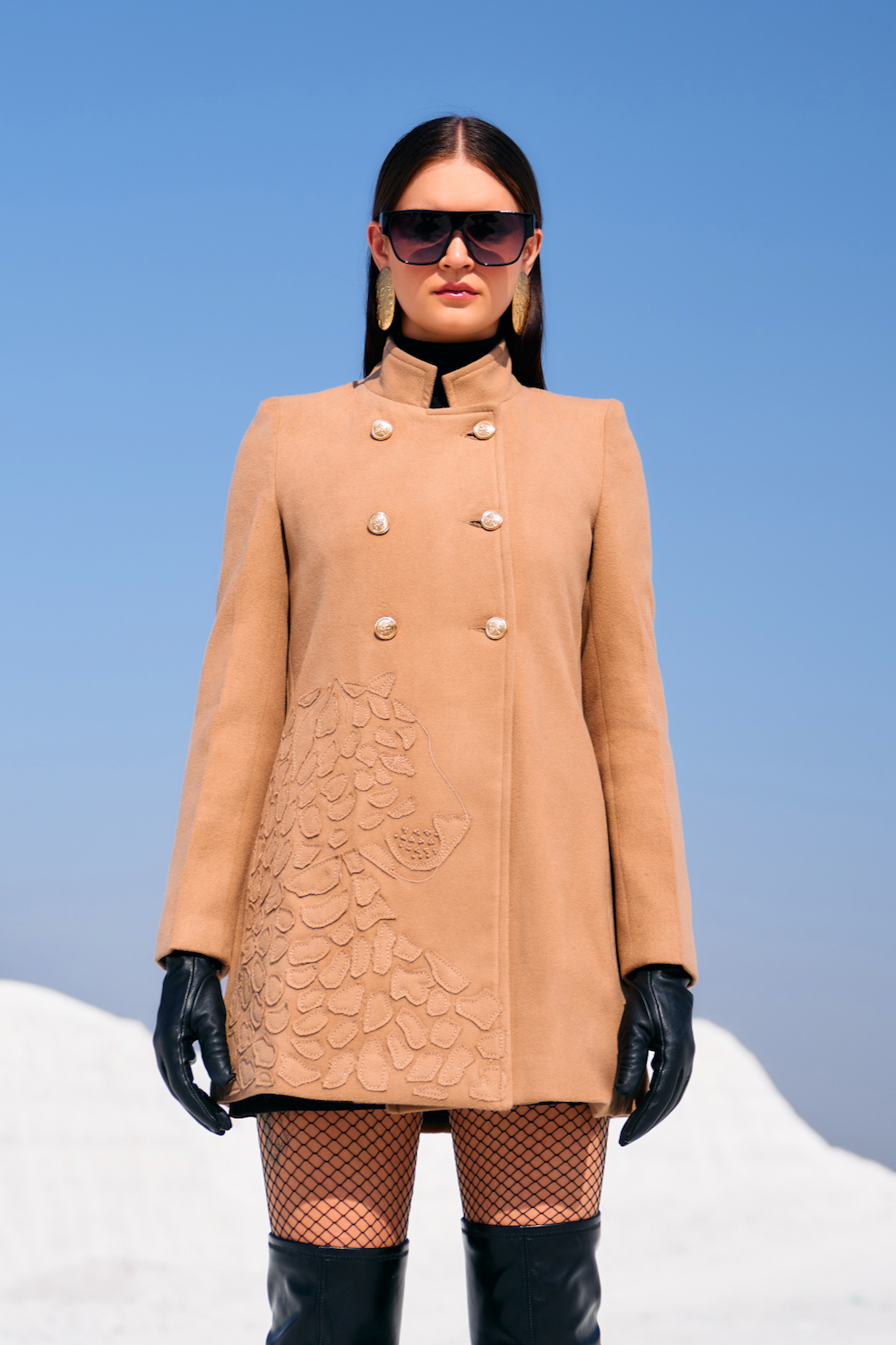 MATERIAL GIRL 02 BIRCH BEIGE COLOR HIGH COLLARED NECK DOUBLE BREASTED LONG JACKET WITH PATCH EMBROIDERY