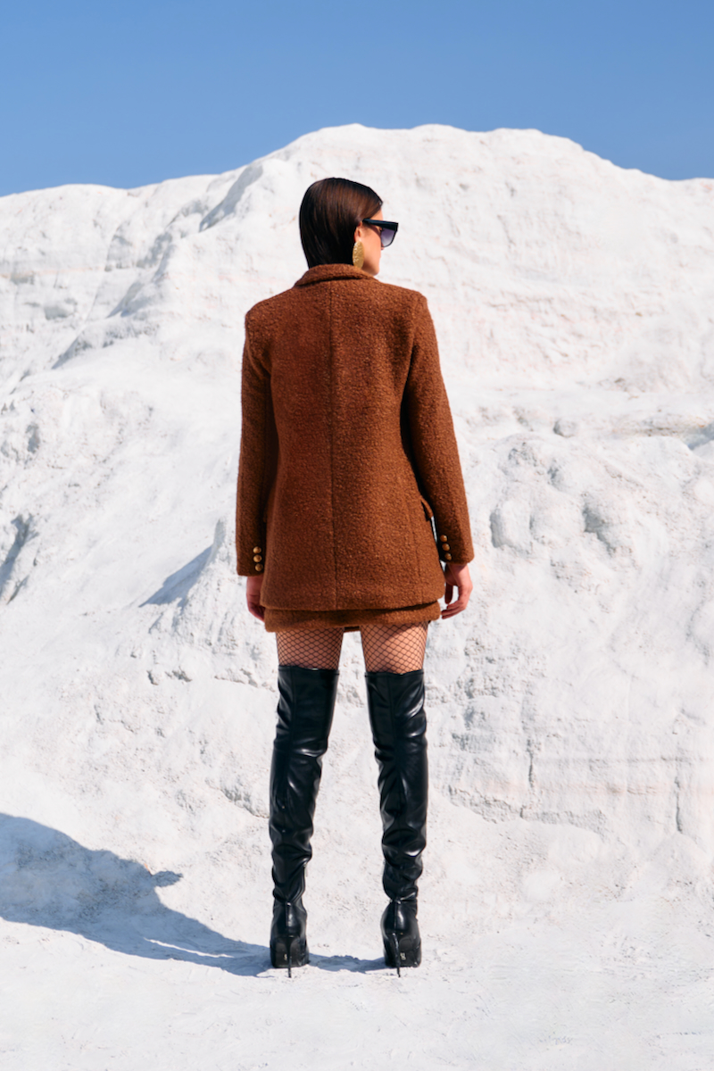 MATERIAL GIRL 02 CINNAMON BROWN COLOR SHERPA FABRIC JACKET AND SKIRT CO-ORD SET