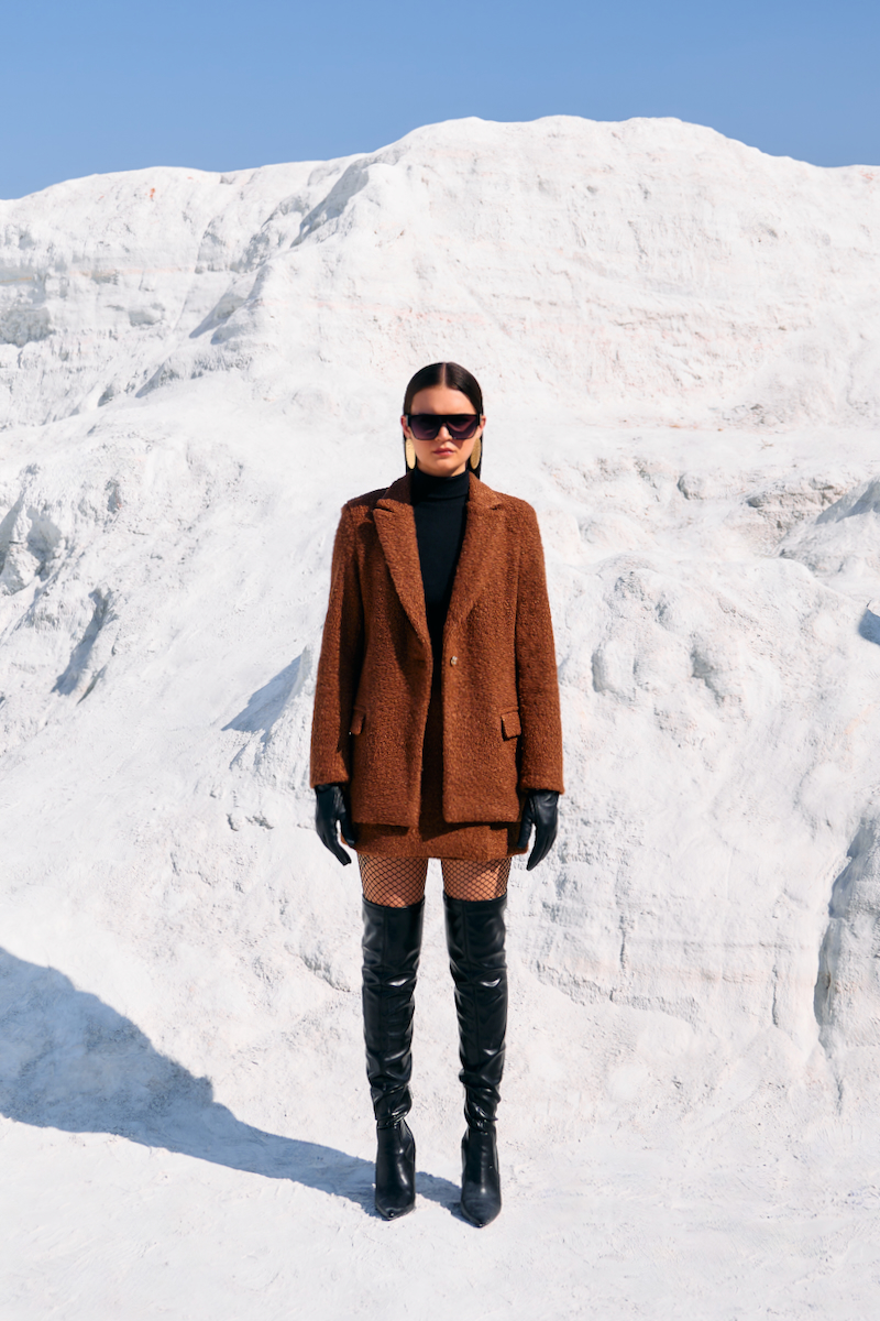 MATERIAL GIRL 02 CINNAMON BROWN COLOR SHERPA FABRIC JACKET AND SKIRT CO-ORD SET