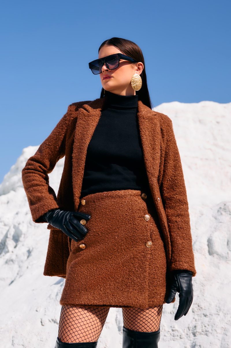 MATERIAL GIRL 02 CINNAMON BROWN COLOR SHERPA FABRIC JACKET AND SKIRT CO-ORD SET