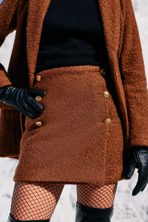 MATERIAL GIRL 02 CINNAMON BROWN COLOR SHERPA FABRIC JACKET AND SKIRT CO-ORD SET