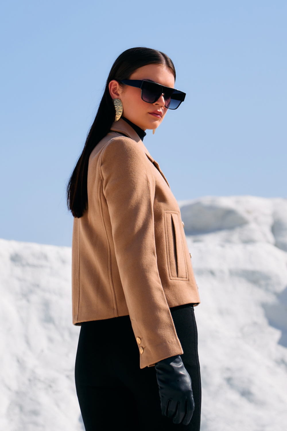 MATERIAL GIRL 02 BIRCH BEIGE COLOR FELT FABRIC SHORT LENGTH DOUBLE BREASTED WINTER JACKET
