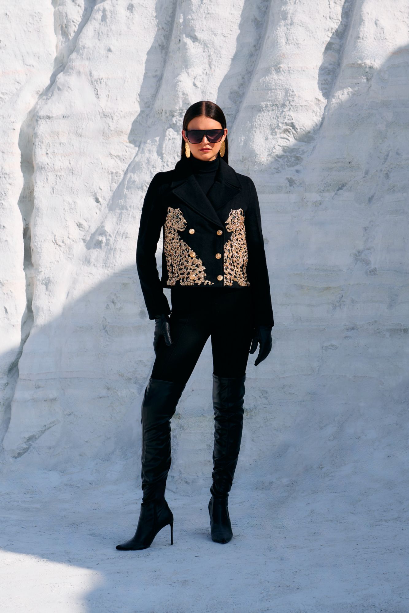 MATERIAL GIRL 02 JADE BLACK FELT FABRIC CROP DOUBLE BREASTED WINTER JACKET WITH GOLD BEADS HAND EMBROIDERY