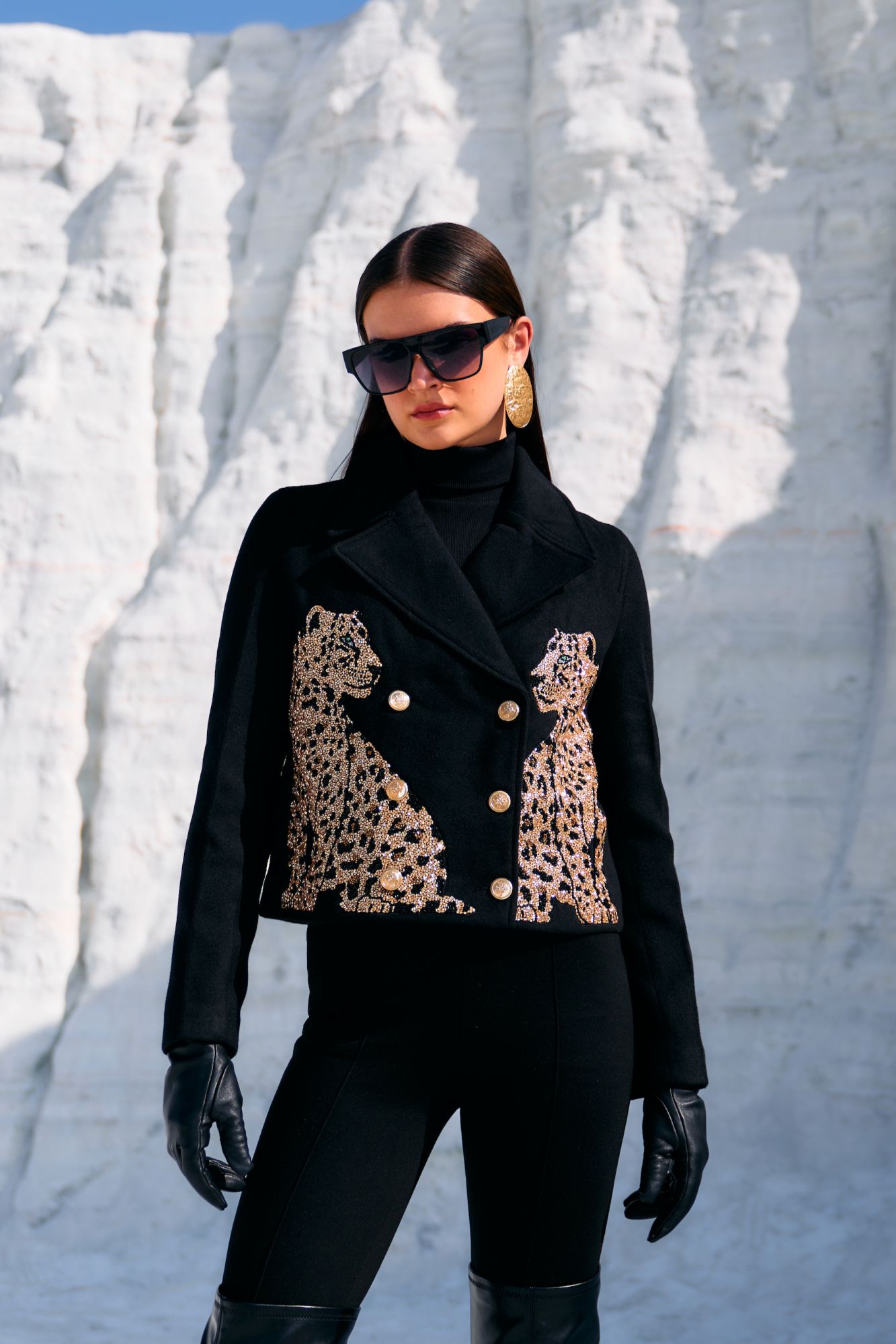 MATERIAL GIRL 02 JADE BLACK FELT FABRIC CROP DOUBLE BREASTED WINTER JACKET WITH GOLD BEADS HAND EMBROIDERY