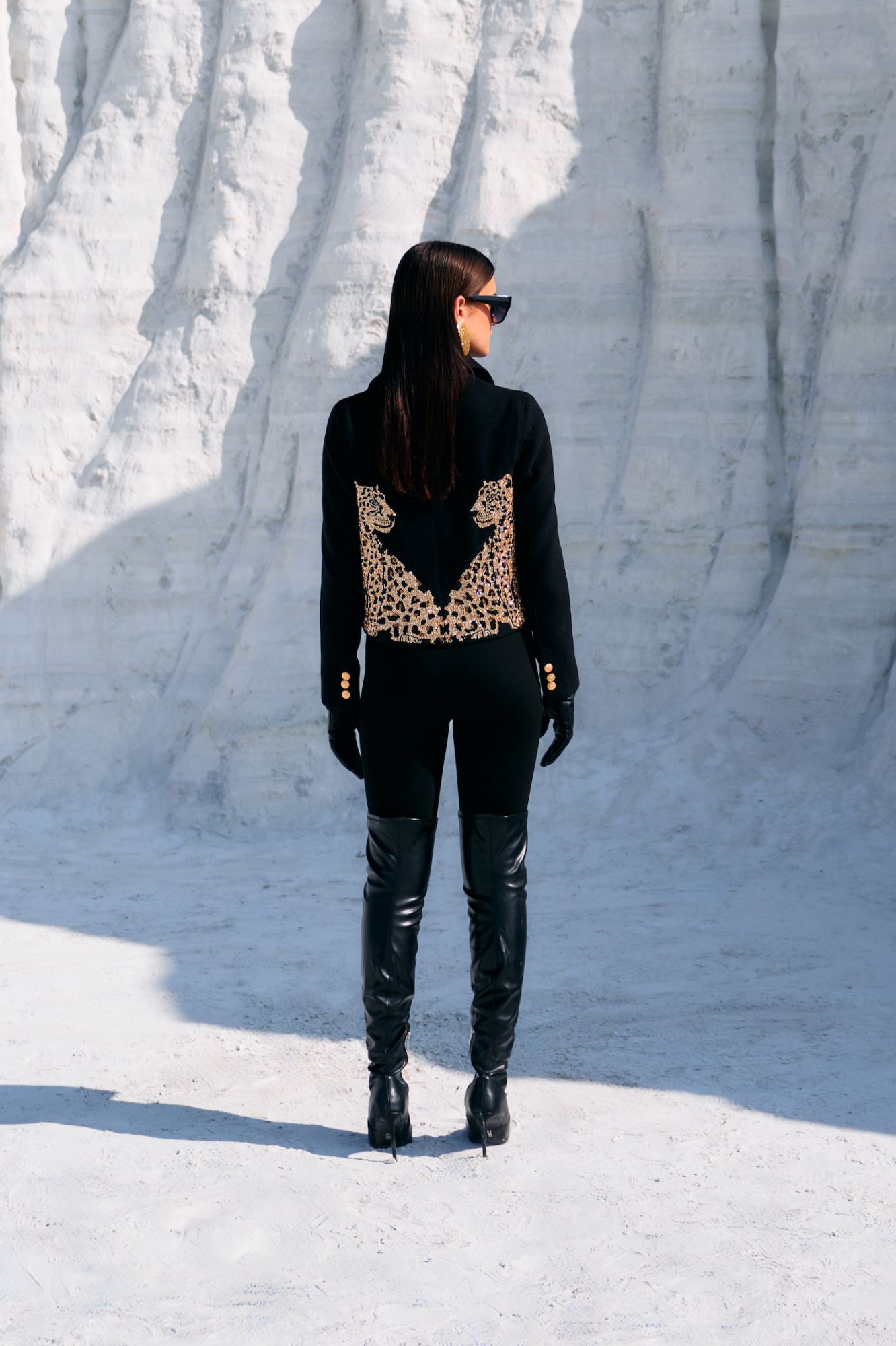 MATERIAL GIRL 02 JADE BLACK FELT FABRIC CROP DOUBLE BREASTED WINTER JACKET WITH GOLD BEADS HAND EMBROIDERY