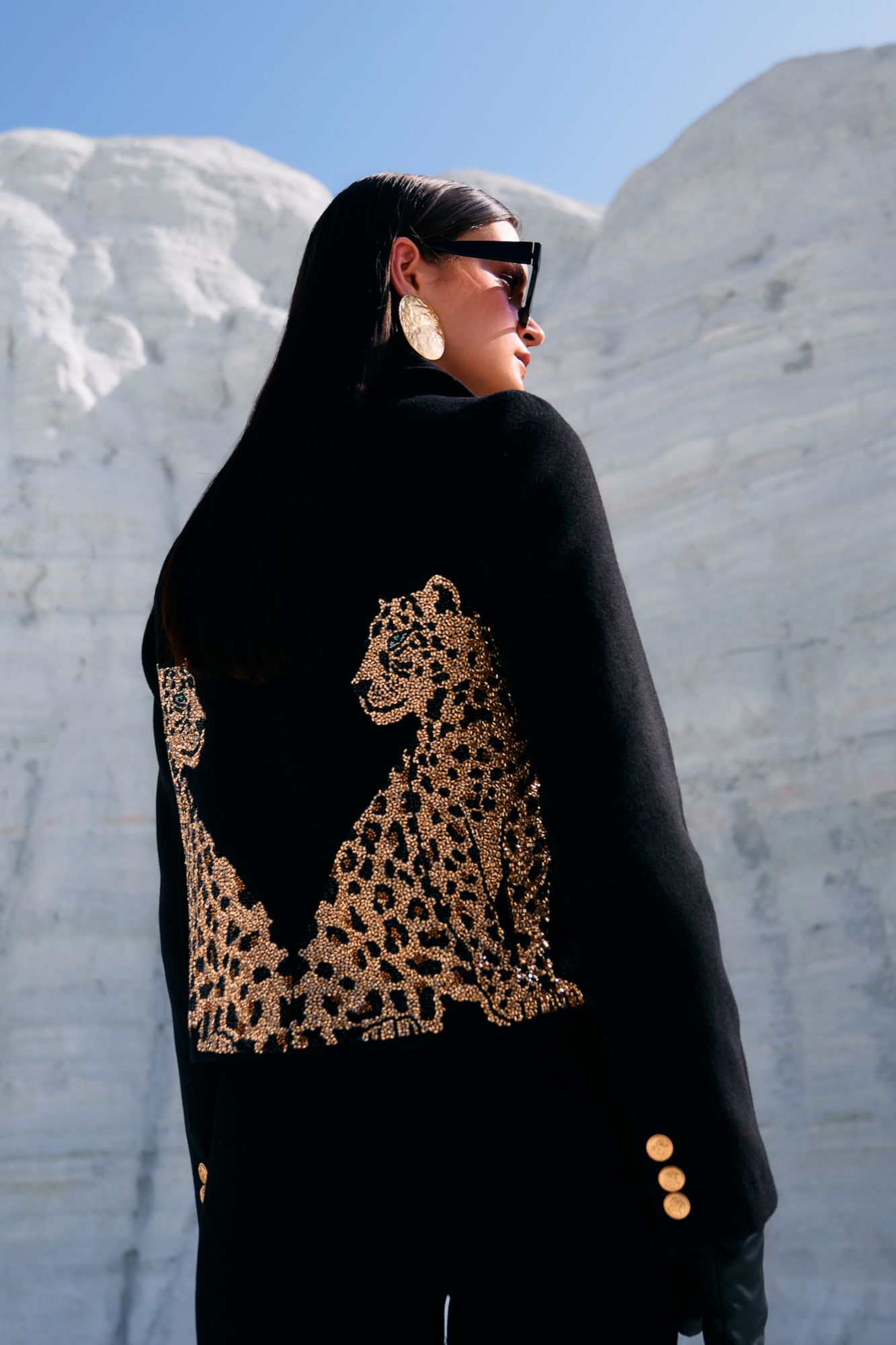 MATERIAL GIRL 02 JADE BLACK FELT FABRIC CROP DOUBLE BREASTED WINTER JACKET WITH GOLD BEADS HAND EMBROIDERY