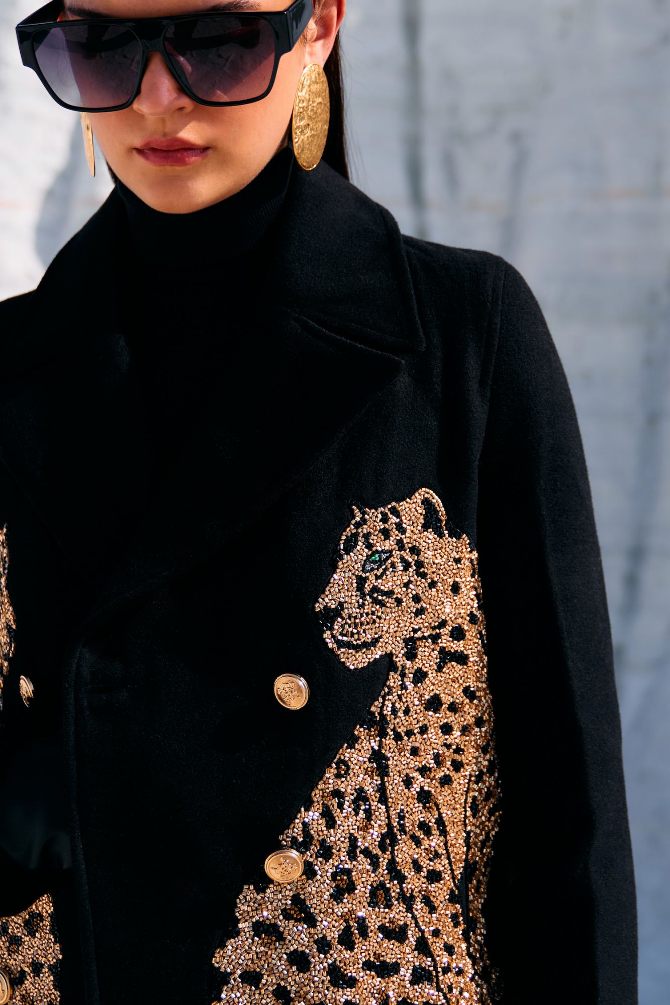 MATERIAL GIRL 02 JADE BLACK FELT FABRIC CROP DOUBLE BREASTED WINTER JACKET WITH GOLD BEADS HAND EMBROIDERY