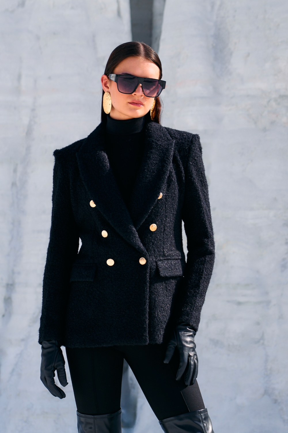 MATERIAL GIRL 02 JADE BLACK COLOR SHERPA FABRIC DOUBLE BREASTED WINTER JACKET