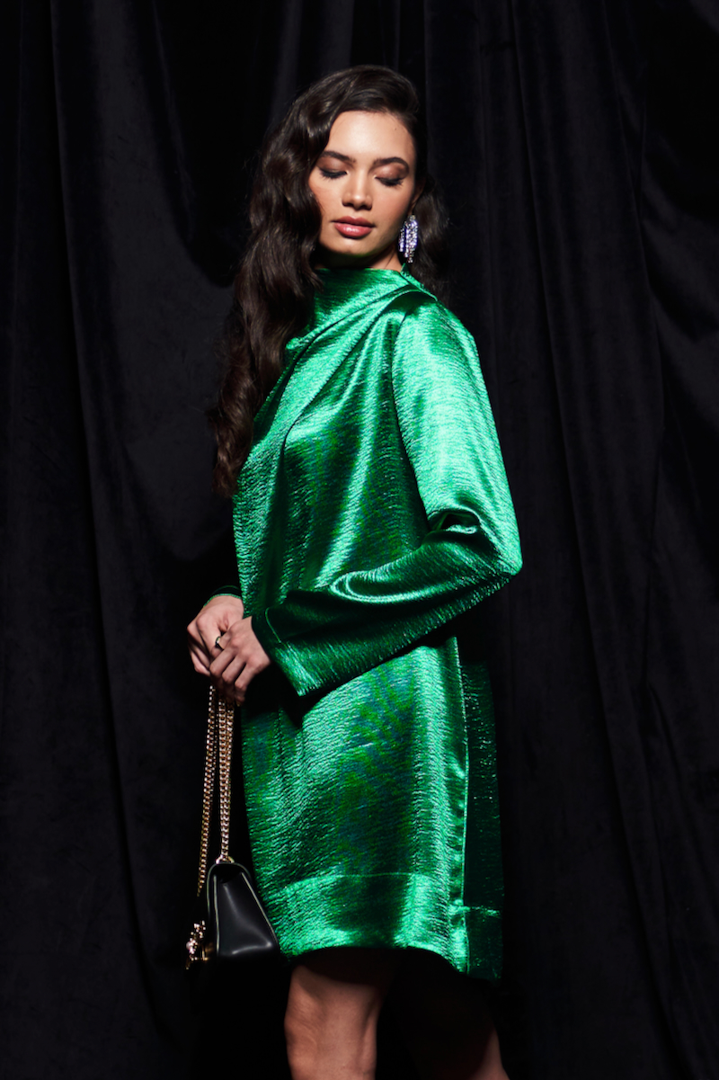 LEILA EMERALD GREEN COLOR GLOSSY SATIN FABRIC KNEE LENGTH LONG SLEEVES DRESS WITH PLEAT DETAILING AT THE SHOULDER