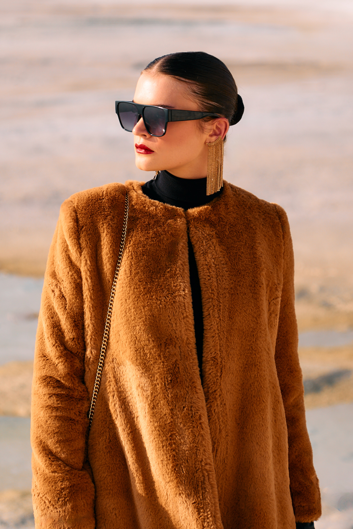 MATERIAL GIRL 02 CARAMEL BROWN COLOR FAUX FUR LONG WINTER JACKET WITH ROUND NECK