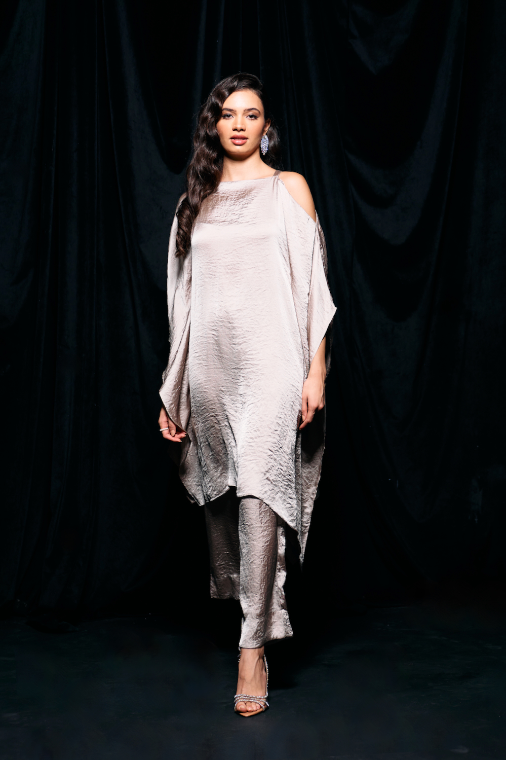 LEILA SILVER SAND COLOR SOLID TEXTURED SATIN FABRIC KAFTAN SHAPE TUNIC WITH STRAIGHT FIT PANTS CO-ORDINATE