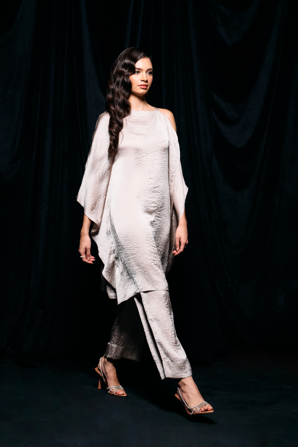 LEILA SILVER SAND COLOR SOLID TEXTURED SATIN FABRIC KAFTAN SHAPE TUNIC WITH STRAIGHT FIT PANTS CO-ORDINATE