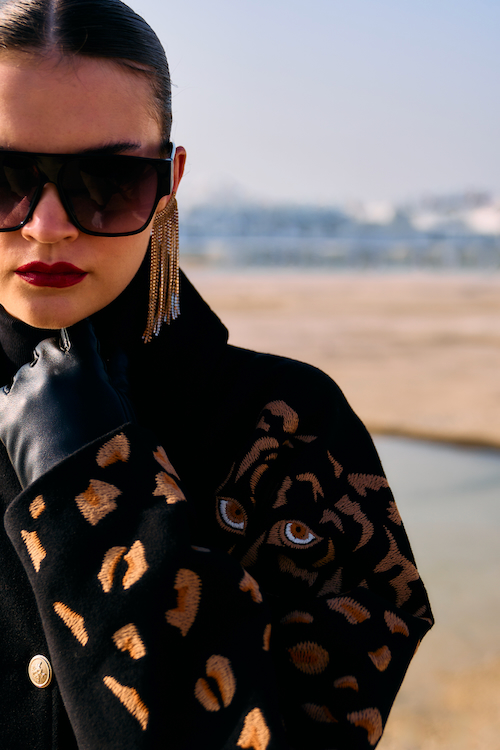 MATERIAL GIRL 02 BLACK COLOR LOOSE FIT JACKET WITH LEOPARD EMBROIDERY ON THE SLEEVES