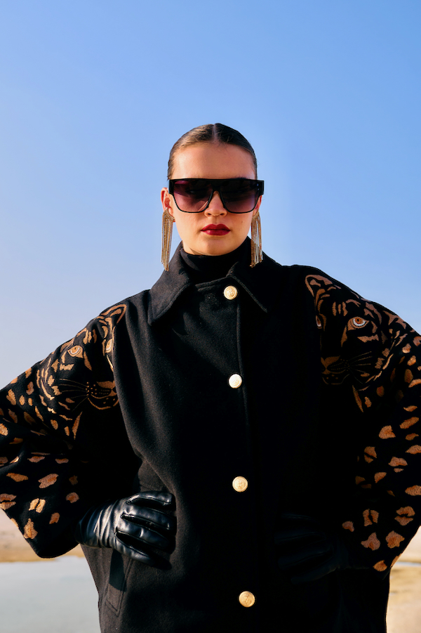 MATERIAL GIRL 02 BLACK COLOR LOOSE FIT JACKET WITH LEOPARD EMBROIDERY ON THE SLEEVES