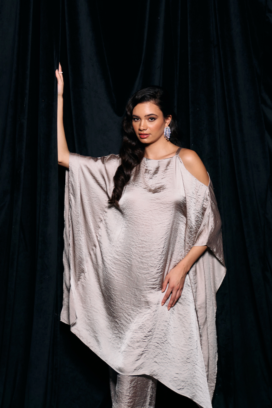 LEILA SILVER SAND COLOR SOLID TEXTURED SATIN FABRIC KAFTAN SHAPE TUNIC WITH STRAIGHT FIT PANTS CO-ORDINATE