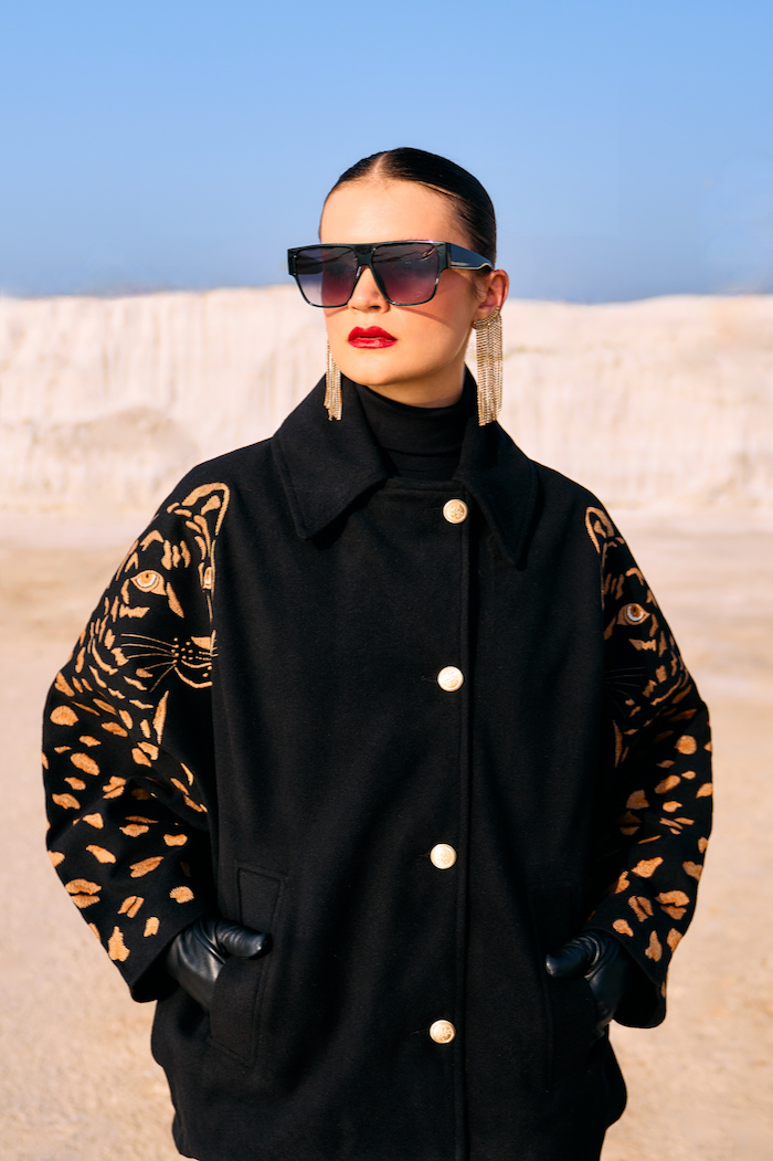 MATERIAL GIRL 02 BLACK COLOR LOOSE FIT JACKET WITH LEOPARD EMBROIDERY ON THE SLEEVES