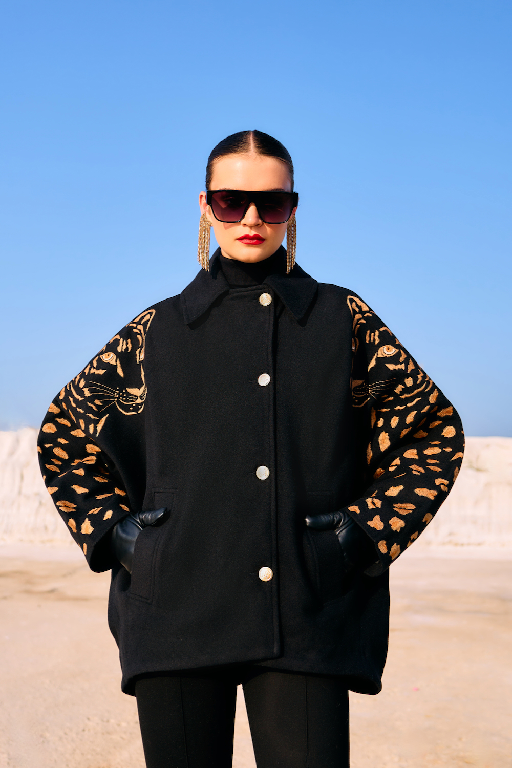 MATERIAL GIRL 02 BLACK COLOR LOOSE FIT JACKET WITH LEOPARD EMBROIDERY ON THE SLEEVES