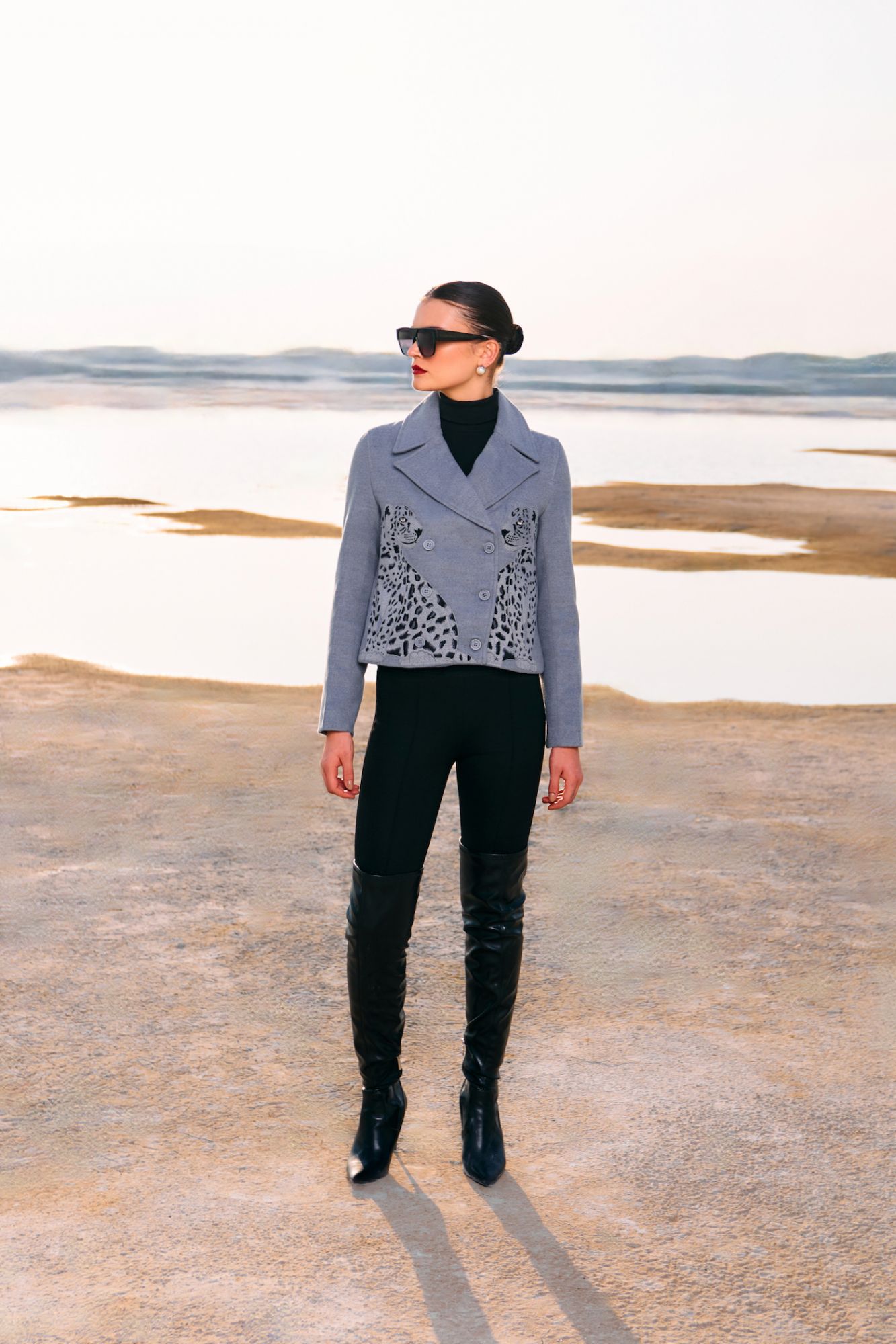 MATERIAL GIRL 02 LIGHT GREY FELT FABRIC EMBROIDERED DOUBLE BREASTED WINTER SHORT LENGTH JACKET