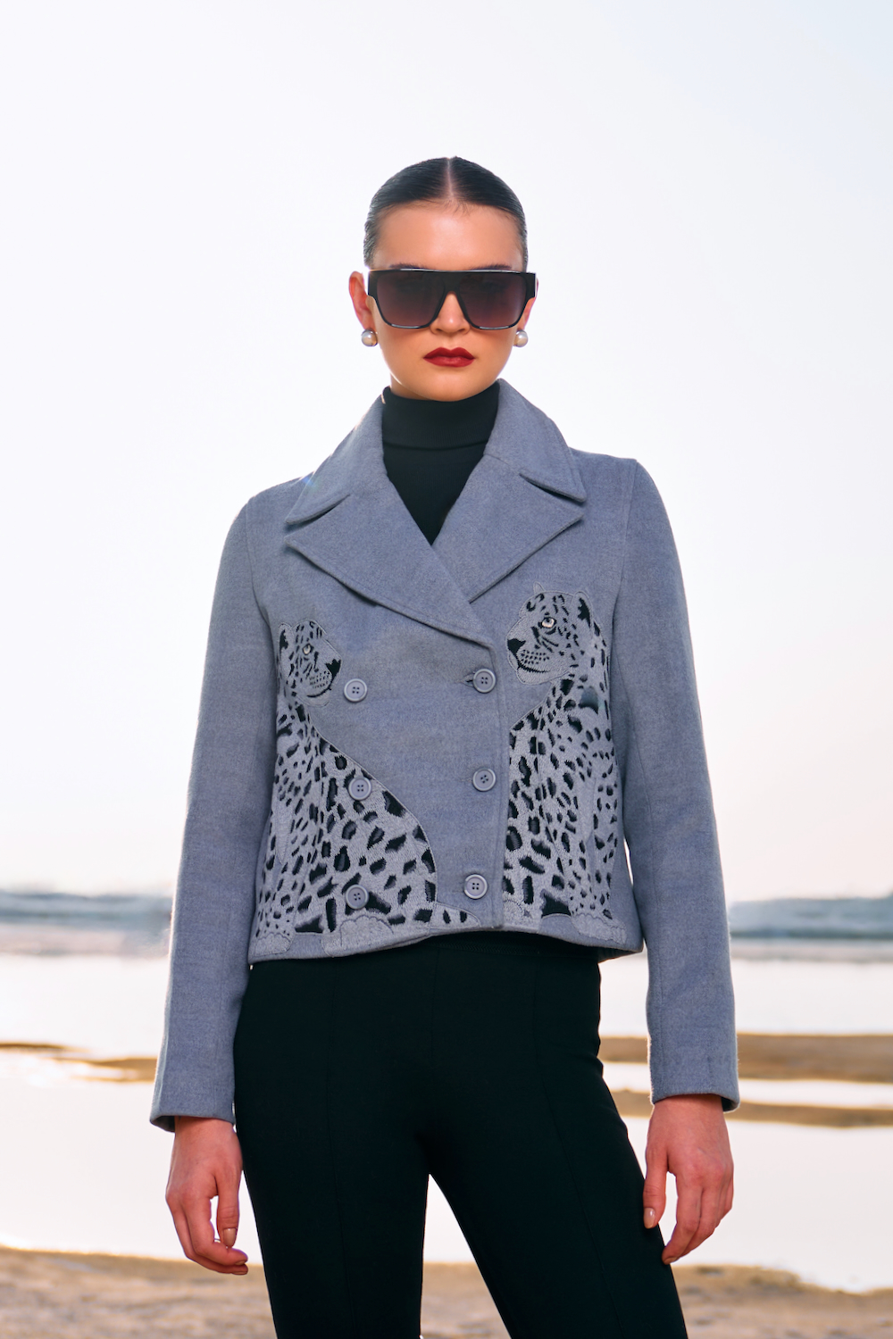 MATERIAL GIRL 02 LIGHT GREY FELT FABRIC EMBROIDERED DOUBLE BREASTED WINTER SHORT LENGTH JACKET