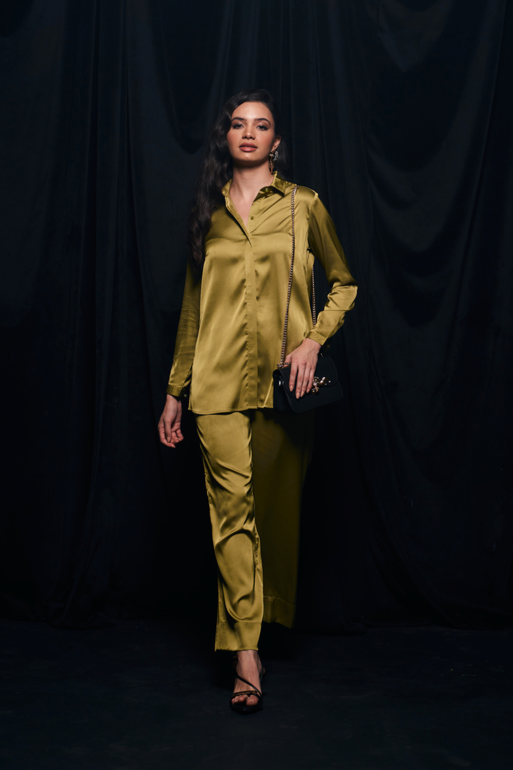 LEILA OLIVE COLOR SATIN FABRIC SOLID CO-ORDINATE WITH COLLARED FULL SLEEVES SHIRT AND STRAIGHT FIT PANTS