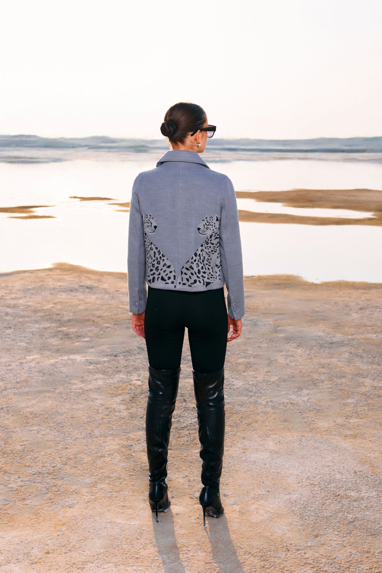 MATERIAL GIRL 02 LIGHT GREY FELT FABRIC EMBROIDERED DOUBLE BREASTED WINTER SHORT LENGTH JACKET