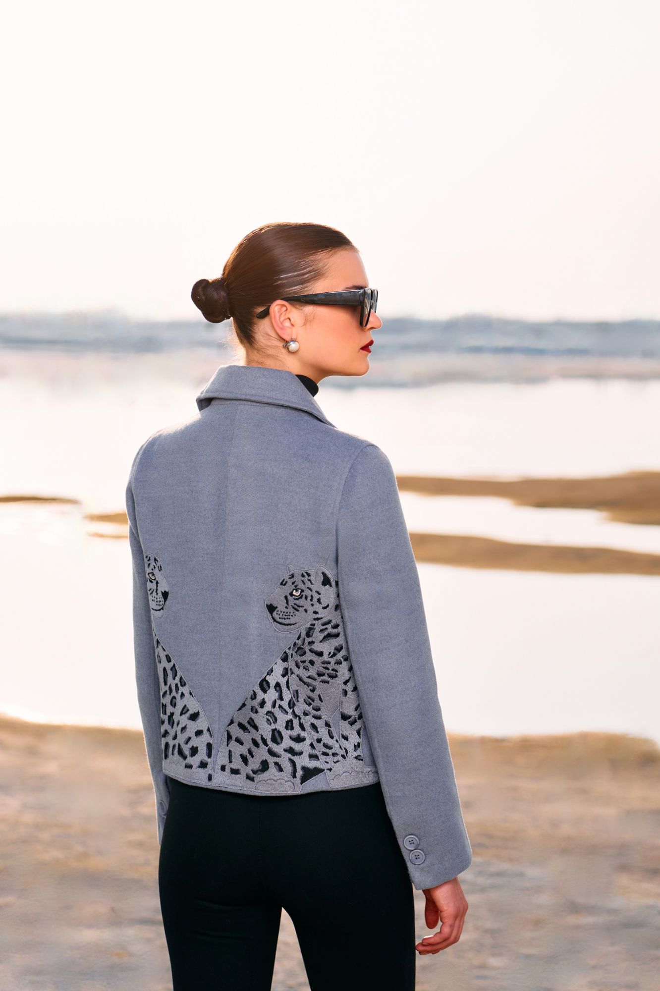 MATERIAL GIRL 02 LIGHT GREY FELT FABRIC EMBROIDERED DOUBLE BREASTED WINTER SHORT LENGTH JACKET