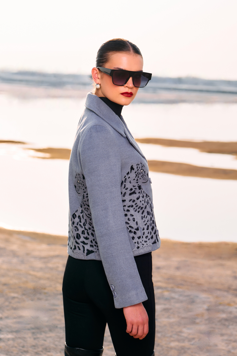 MATERIAL GIRL 02 LIGHT GREY FELT FABRIC EMBROIDERED DOUBLE BREASTED WINTER SHORT LENGTH JACKET