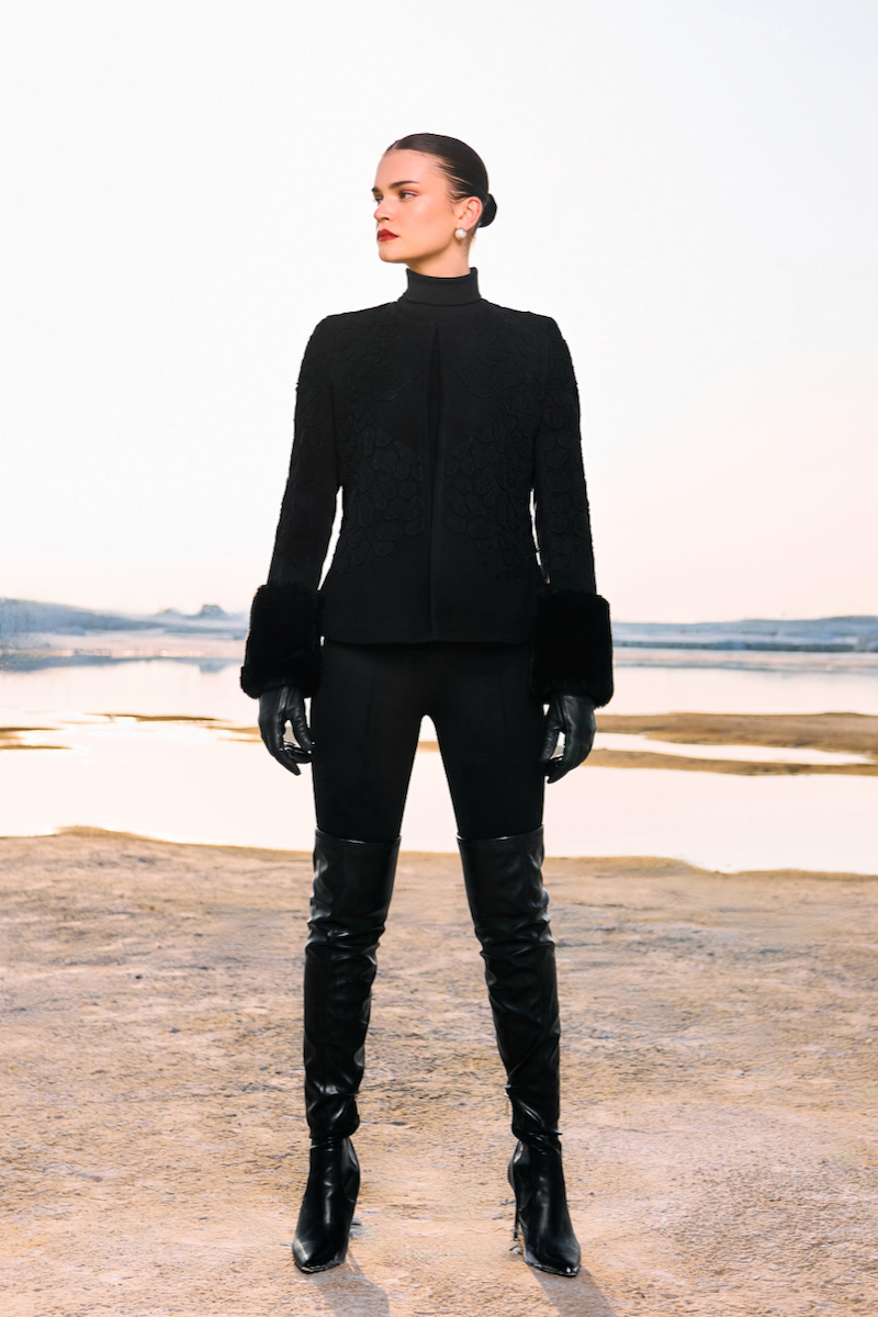 MATERIAL GIRL 02 BLACK FELT FABRIC SHORT LENGTH ROUND NECK JACKET WITH FUR CUFFS AND PATCH EMBROIDERY ALL OVER
