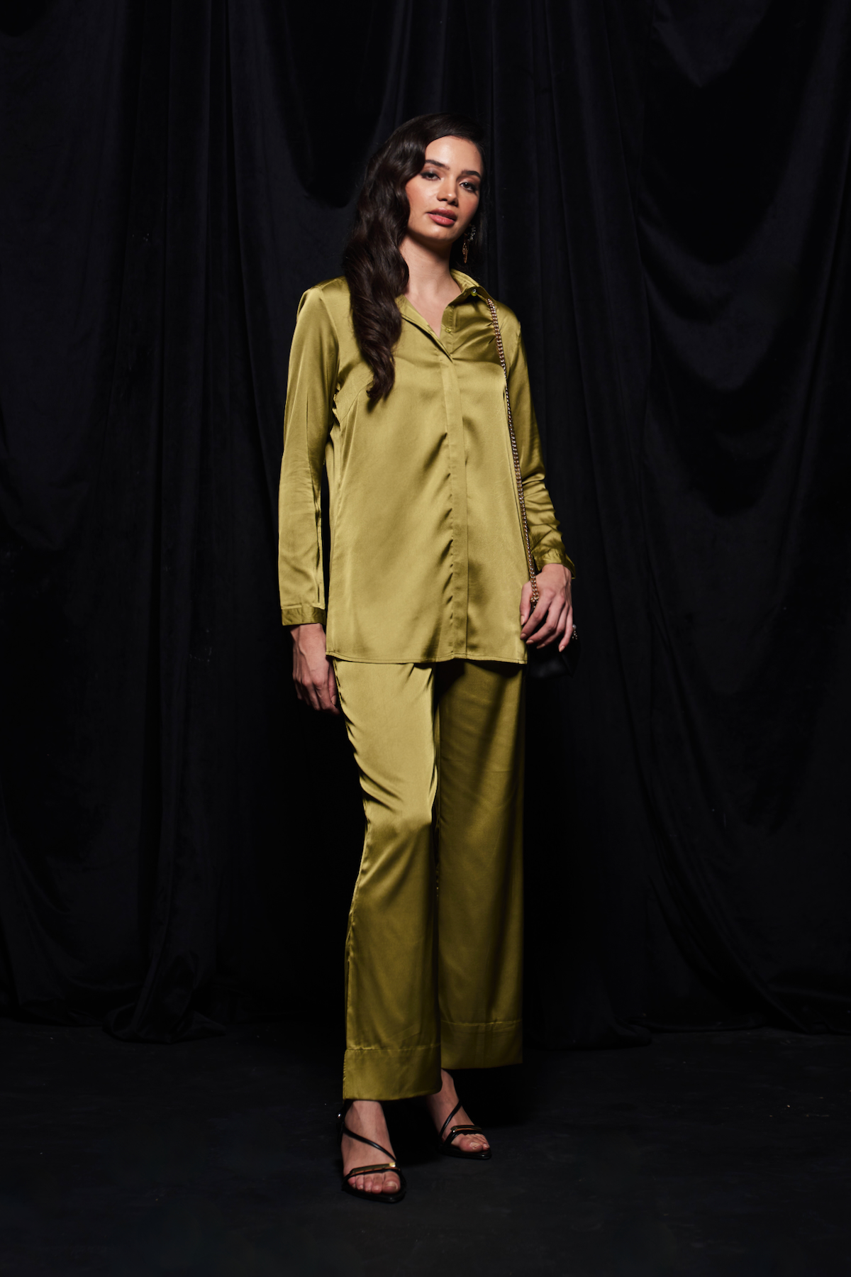 LEILA OLIVE COLOR SATIN FABRIC SOLID CO-ORDINATE WITH COLLARED FULL SLEEVES SHIRT AND STRAIGHT FIT PANTS