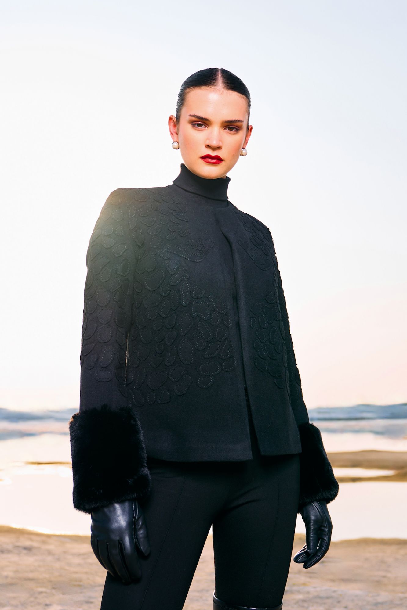 MATERIAL GIRL 02 BLACK FELT FABRIC SHORT LENGTH ROUND NECK JACKET WITH FUR CUFFS AND PATCH EMBROIDERY ALL OVER