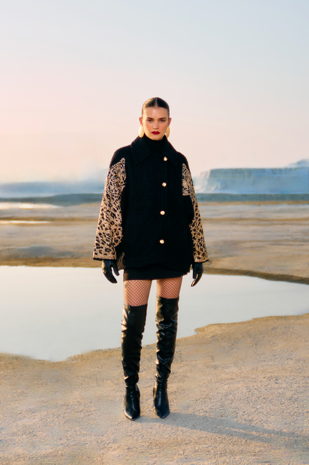 MATERIAL GIRL 02 JADE BLACK COLOR SHERPA FABRIC LOOSE FIT PARTY JACKET WITH GOLD LEOPARD HAND EMBROIDERY