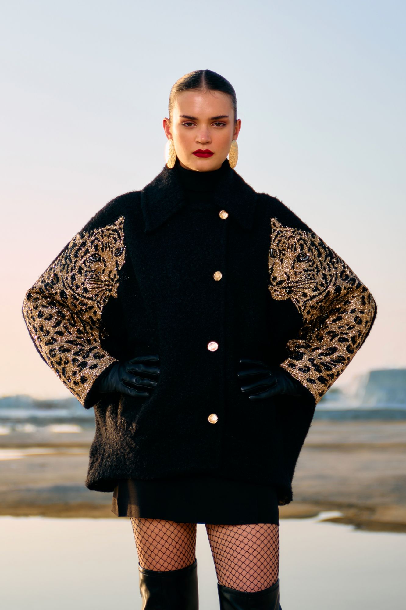 MATERIAL GIRL 02 JADE BLACK COLOR SHERPA FABRIC LOOSE FIT PARTY JACKET WITH GOLD LEOPARD HAND EMBROIDERY