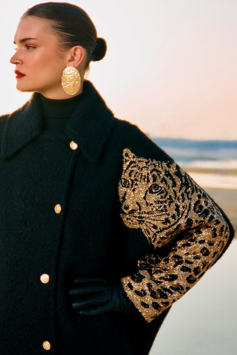 MATERIAL GIRL 02 JADE BLACK COLOR SHERPA FABRIC LOOSE FIT PARTY JACKET WITH GOLD LEOPARD HAND EMBROIDERY