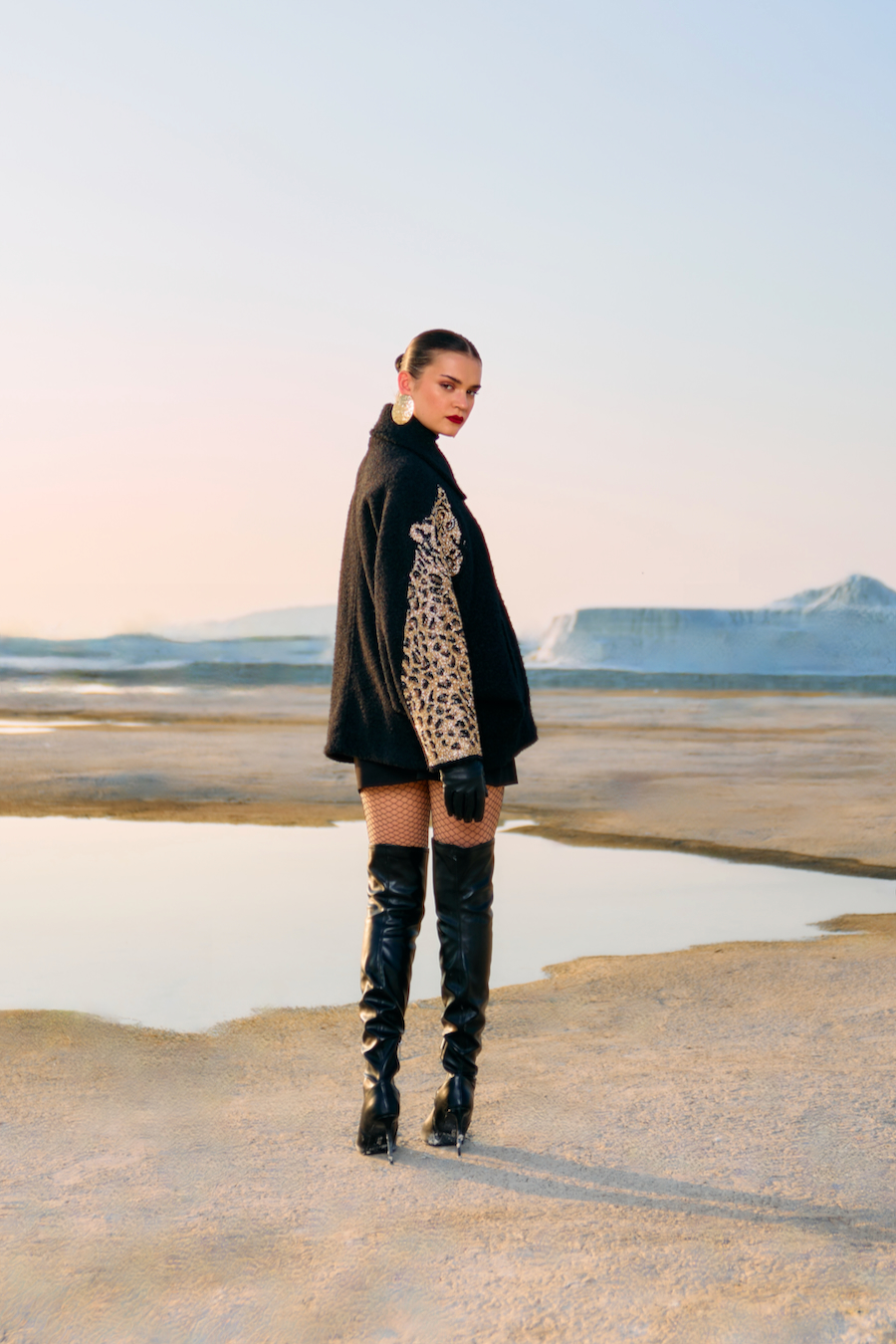 MATERIAL GIRL 02 JADE BLACK COLOR SHERPA FABRIC LOOSE FIT PARTY JACKET WITH GOLD LEOPARD HAND EMBROIDERY