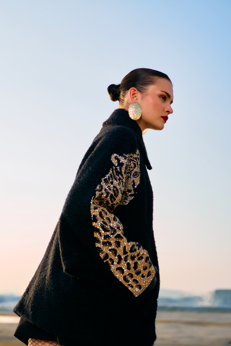 MATERIAL GIRL 02 JADE BLACK COLOR SHERPA FABRIC LOOSE FIT PARTY JACKET WITH GOLD LEOPARD HAND EMBROIDERY