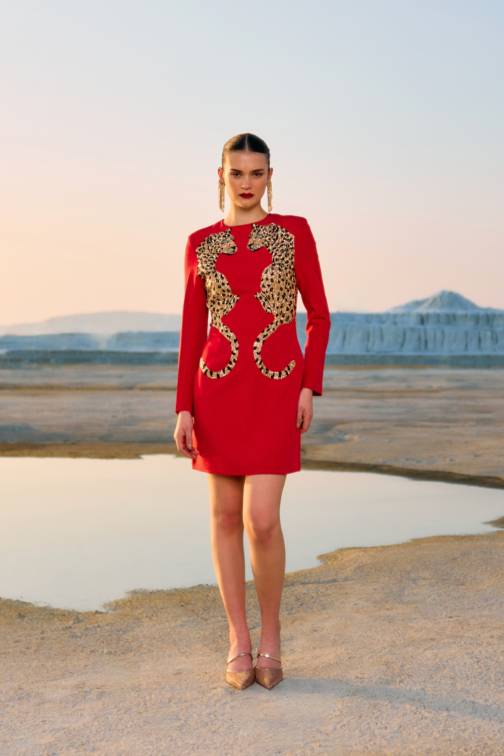 MATERIAL GIRL 02 VELVETY RED COLOR ABOVE THIGH LENGTH STATEMENT PARTY DRESS WITH GOLD BEADS LEOPARD EMBROIDERY