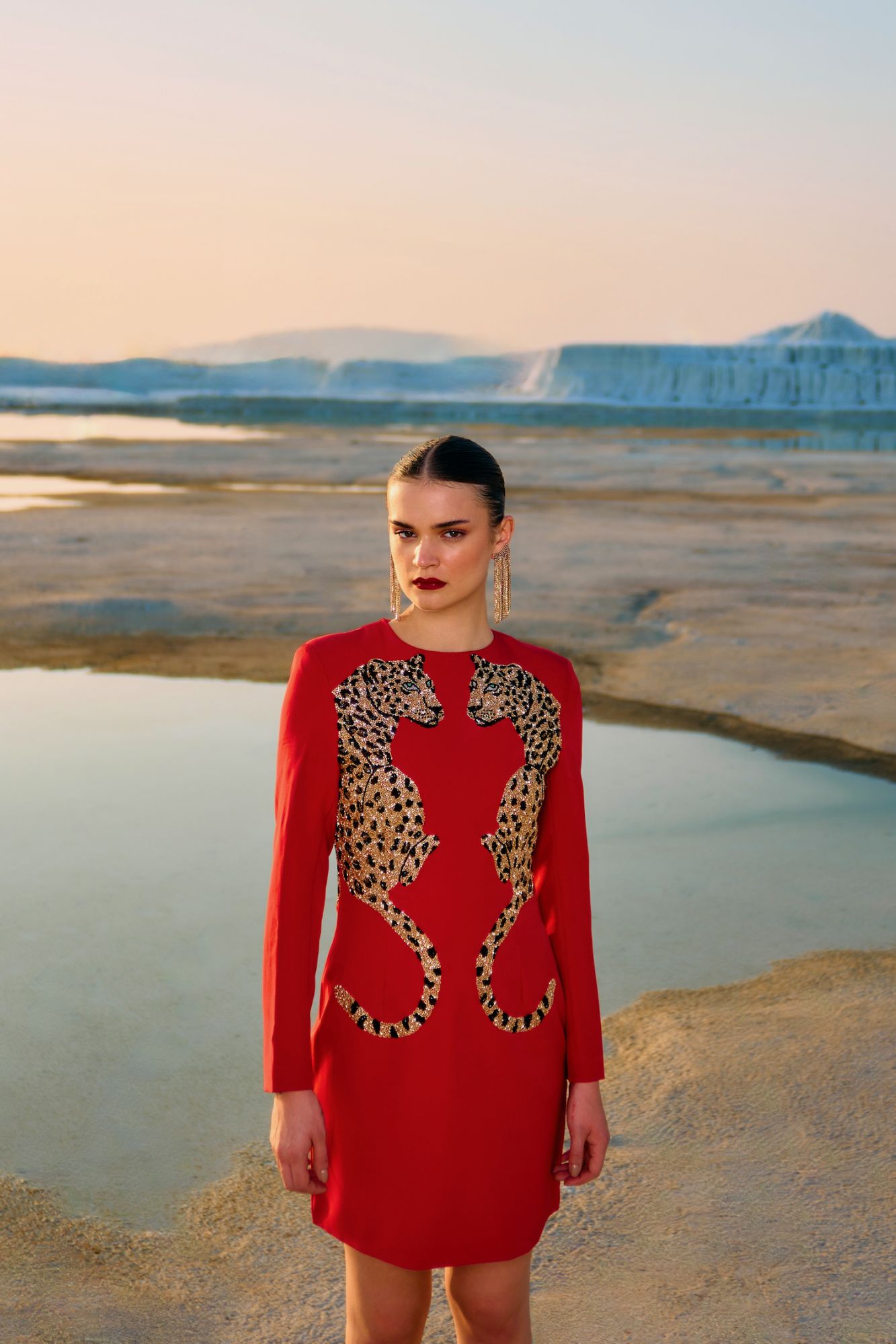 MATERIAL GIRL 02 VELVETY RED COLOR ABOVE THIGH LENGTH STATEMENT PARTY DRESS WITH GOLD BEADS LEOPARD EMBROIDERY