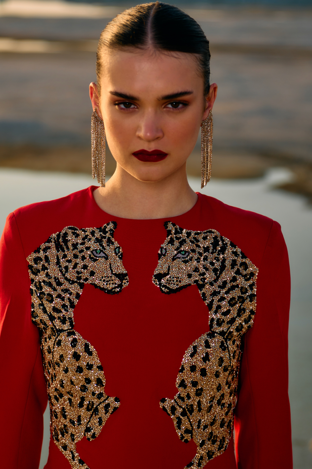 MATERIAL GIRL 02 VELVETY RED COLOR ABOVE THIGH LENGTH STATEMENT PARTY DRESS WITH GOLD BEADS LEOPARD EMBROIDERY