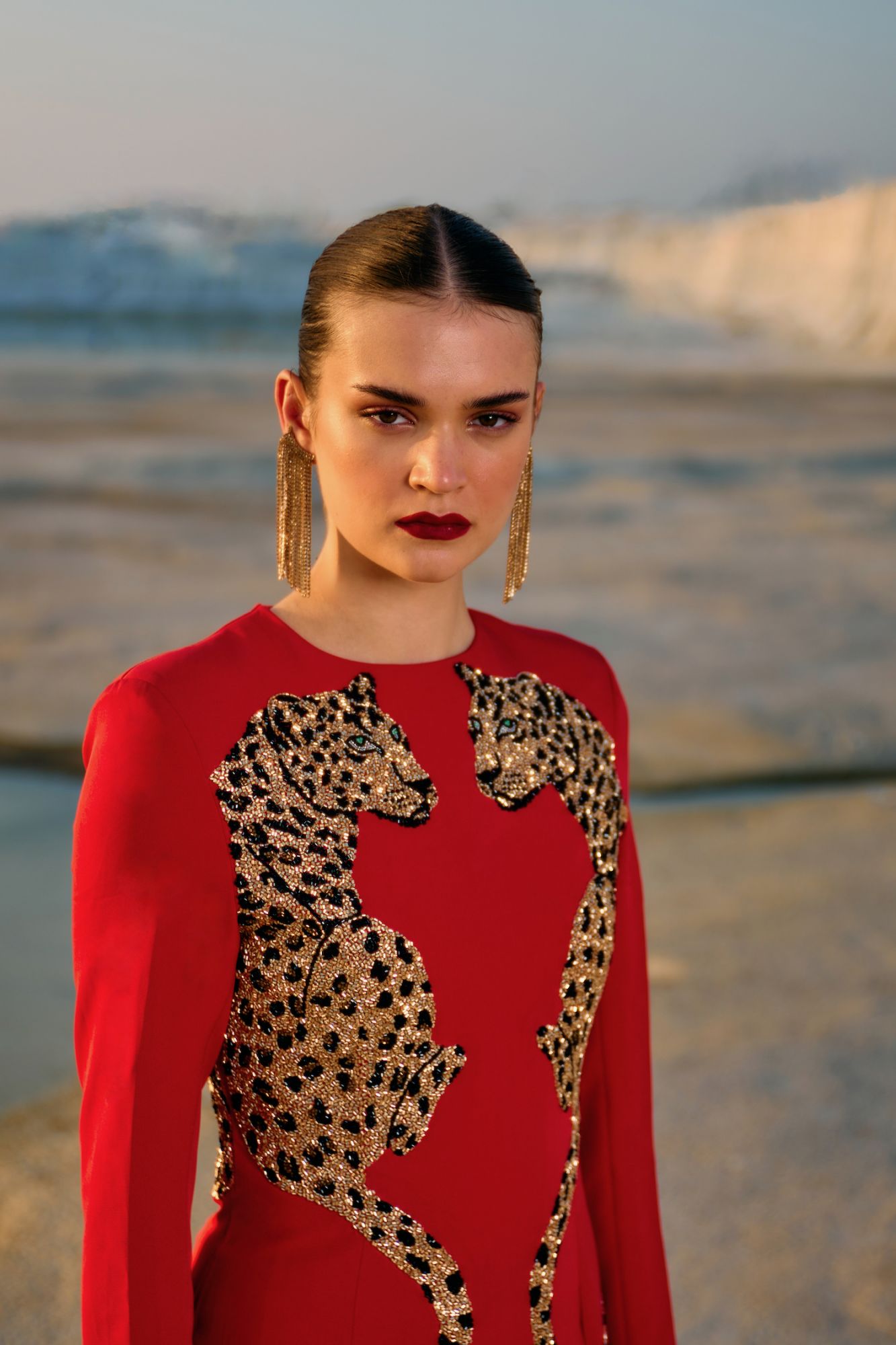 MATERIAL GIRL 02 VELVETY RED COLOR ABOVE THIGH LENGTH STATEMENT PARTY DRESS WITH GOLD BEADS LEOPARD EMBROIDERY