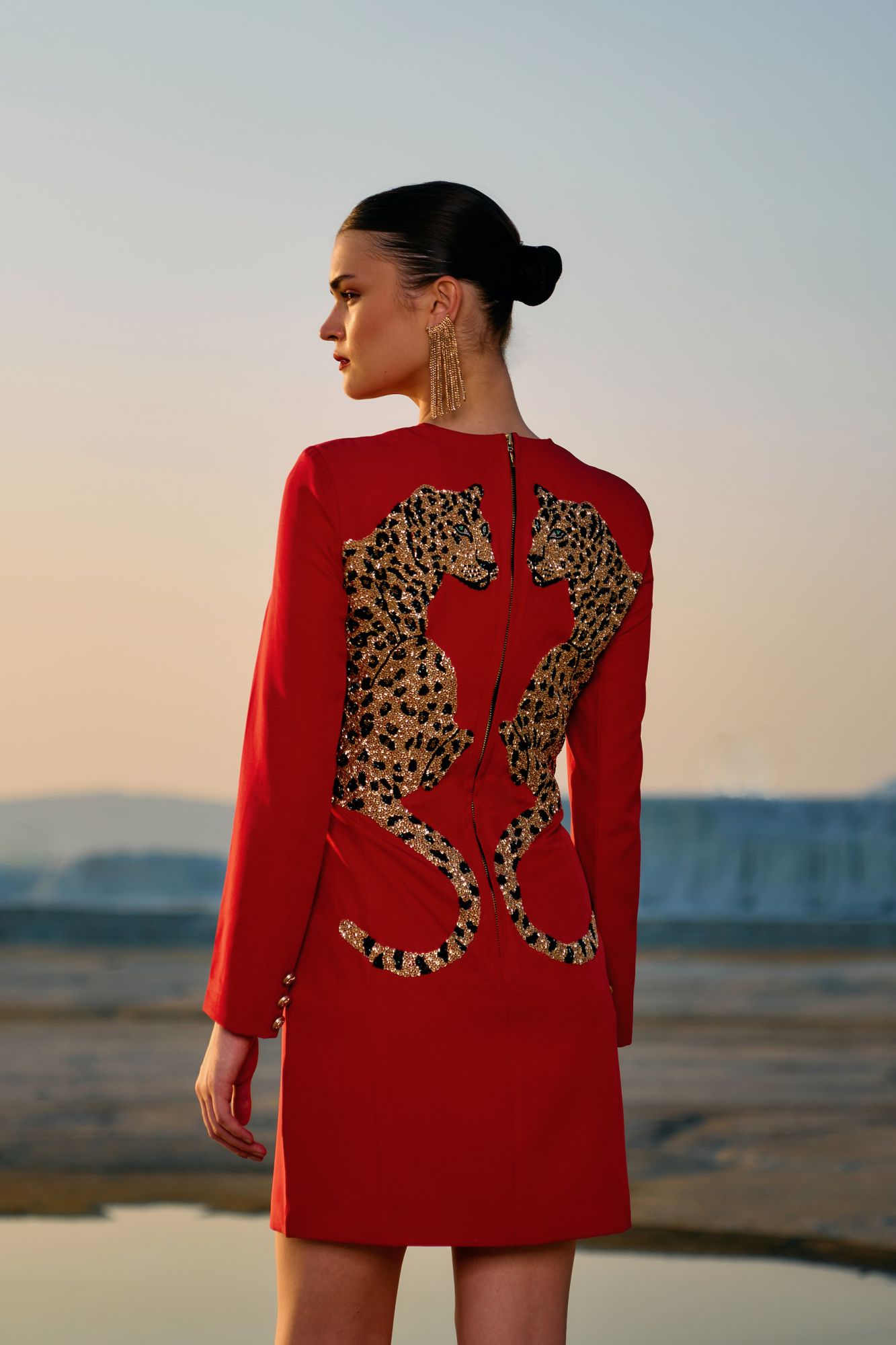 MATERIAL GIRL 02 VELVETY RED COLOR ABOVE THIGH LENGTH STATEMENT PARTY DRESS WITH GOLD BEADS LEOPARD EMBROIDERY