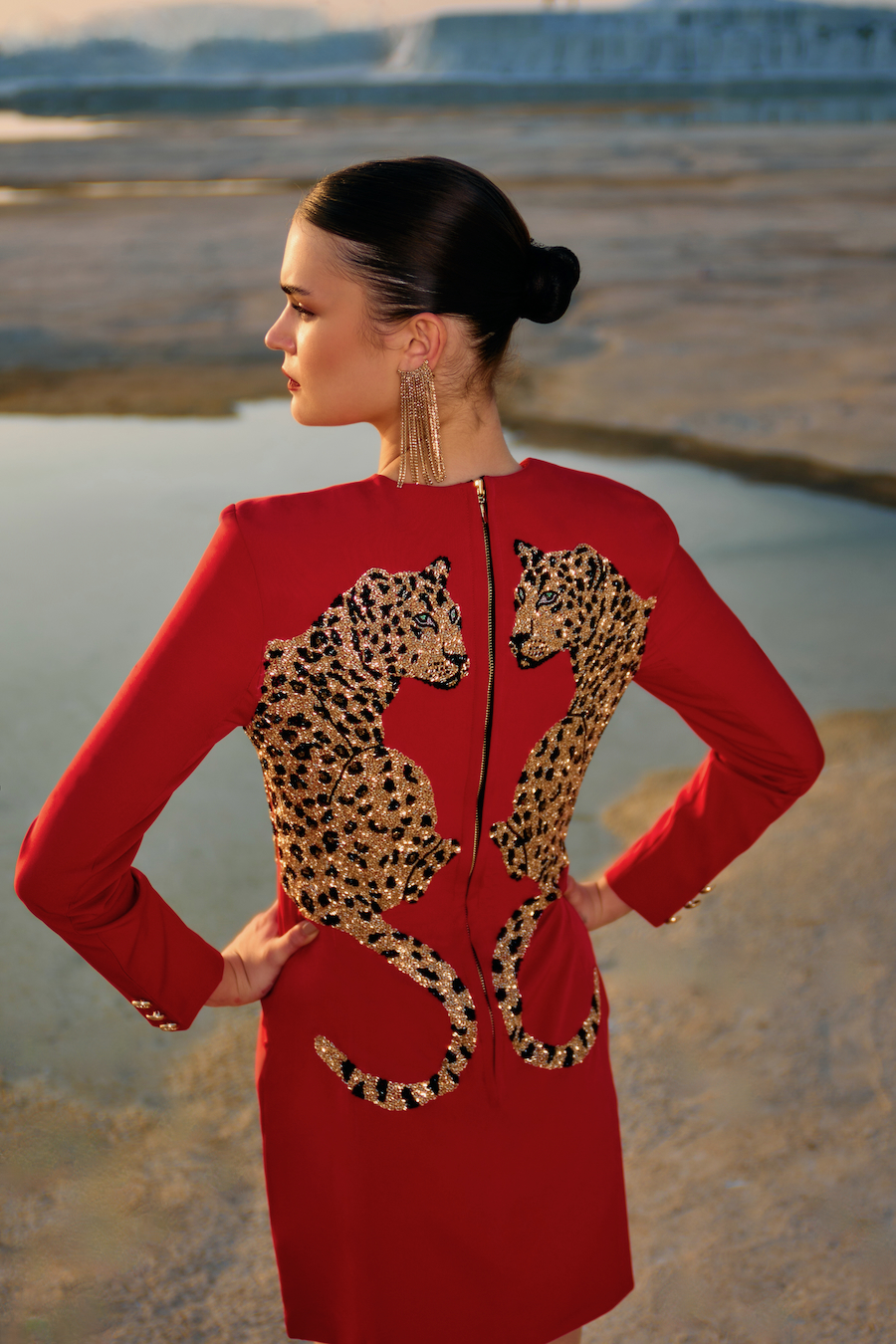 MATERIAL GIRL 02 VELVETY RED COLOR ABOVE THIGH LENGTH STATEMENT PARTY DRESS WITH GOLD BEADS LEOPARD EMBROIDERY