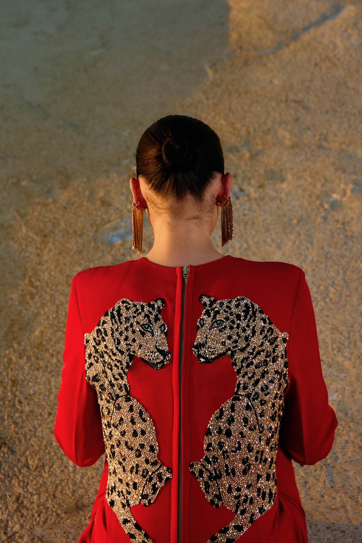 MATERIAL GIRL 02 VELVETY RED COLOR ABOVE THIGH LENGTH STATEMENT PARTY DRESS WITH GOLD BEADS LEOPARD EMBROIDERY