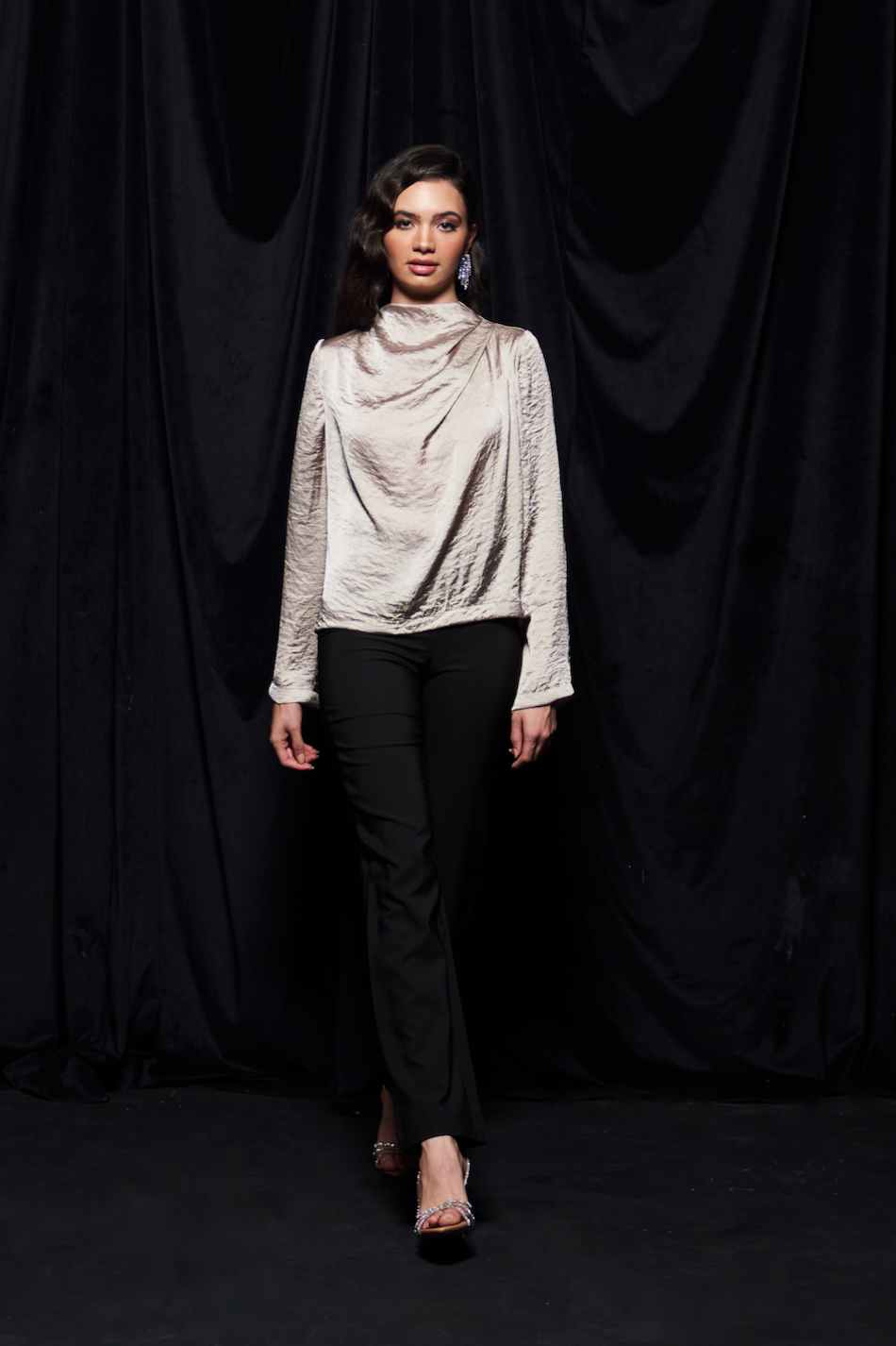 LEILA SILVER SAND COLOR TEXTURED SATIN LONG SLEEVES WAIST LENGTH TOP WITH PLEAT DETAILING AND ZIP AT THE BACK