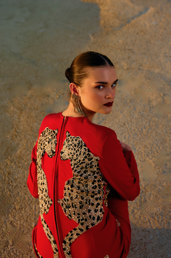 MATERIAL GIRL 02 VELVETY RED COLOR ABOVE THIGH LENGTH STATEMENT PARTY DRESS WITH GOLD BEADS LEOPARD EMBROIDERY