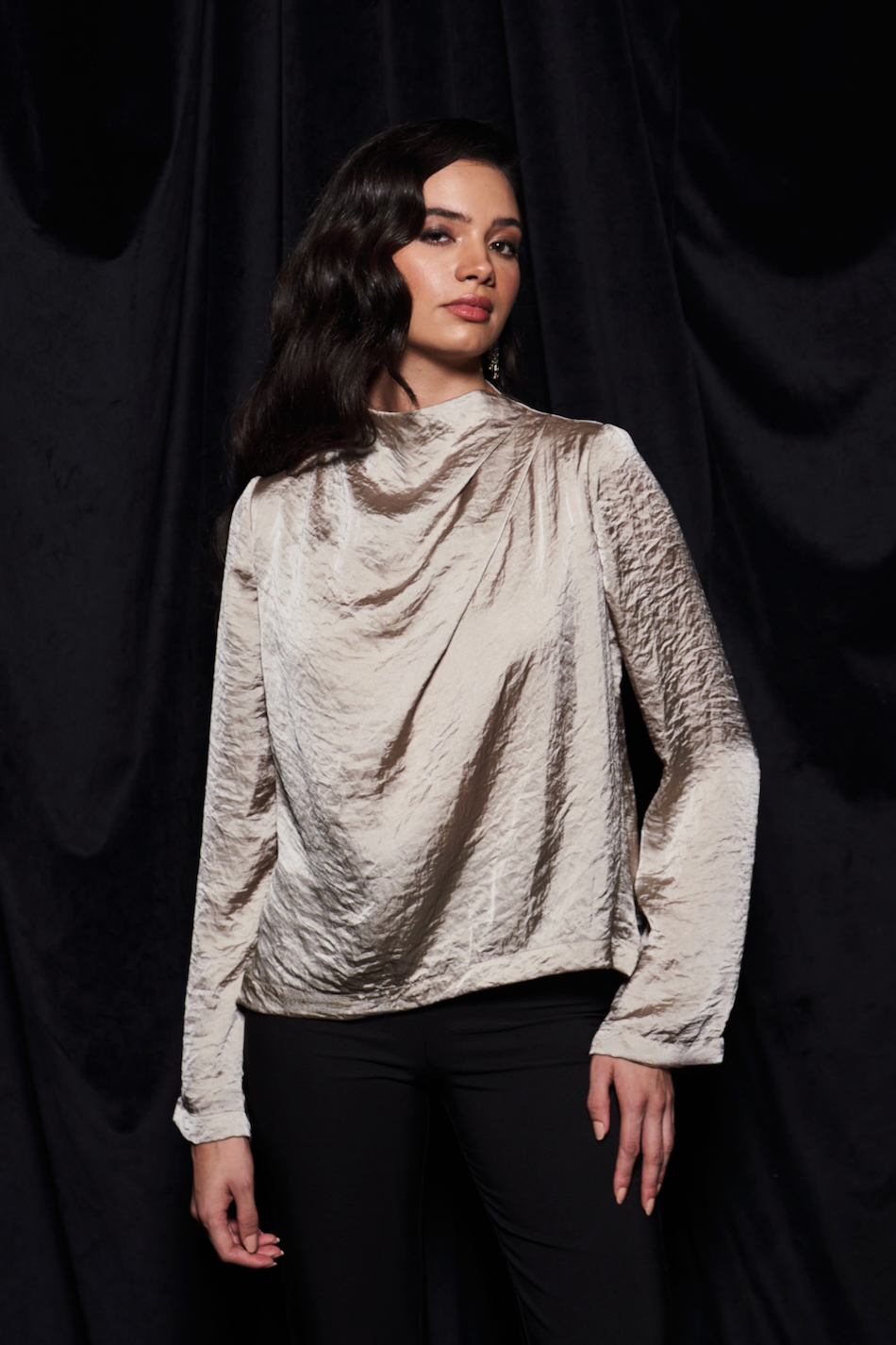 LEILA SILVER SAND COLOR TEXTURED SATIN LONG SLEEVES WAIST LENGTH TOP WITH PLEAT DETAILING AND ZIP AT THE BACK