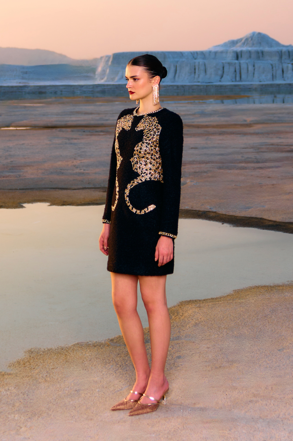 MATERIAL GIRL 02 JADE BLACK SHERPA FABRIC WINTER STATEMENT DRESS WITH GOLD LEOPARD EMBROIDERY AND METAL CHAIN AROUND