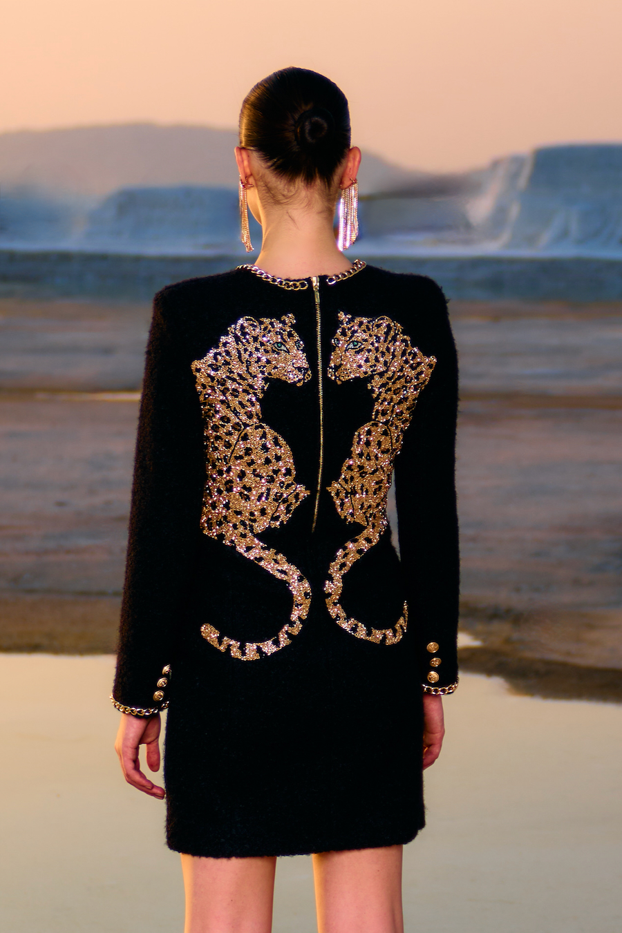 MATERIAL GIRL 02 JADE BLACK SHERPA FABRIC WINTER STATEMENT DRESS WITH GOLD LEOPARD EMBROIDERY AND METAL CHAIN AROUND